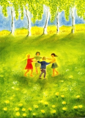 Postcard: Children dancing in Spring